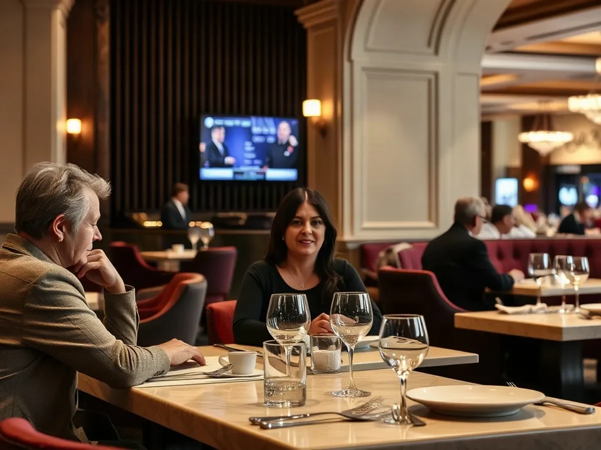 Adult diners gather around a stone table in soft light, with burgundy seats and cream tableware.