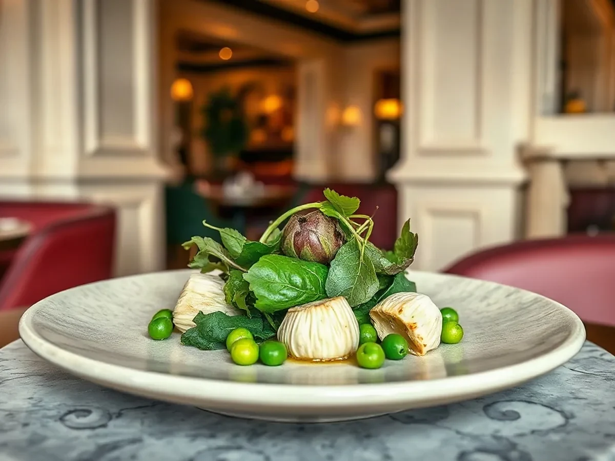 Warm artichokes, green peas and crisp leaves on a pale stone plate in gentle light.
