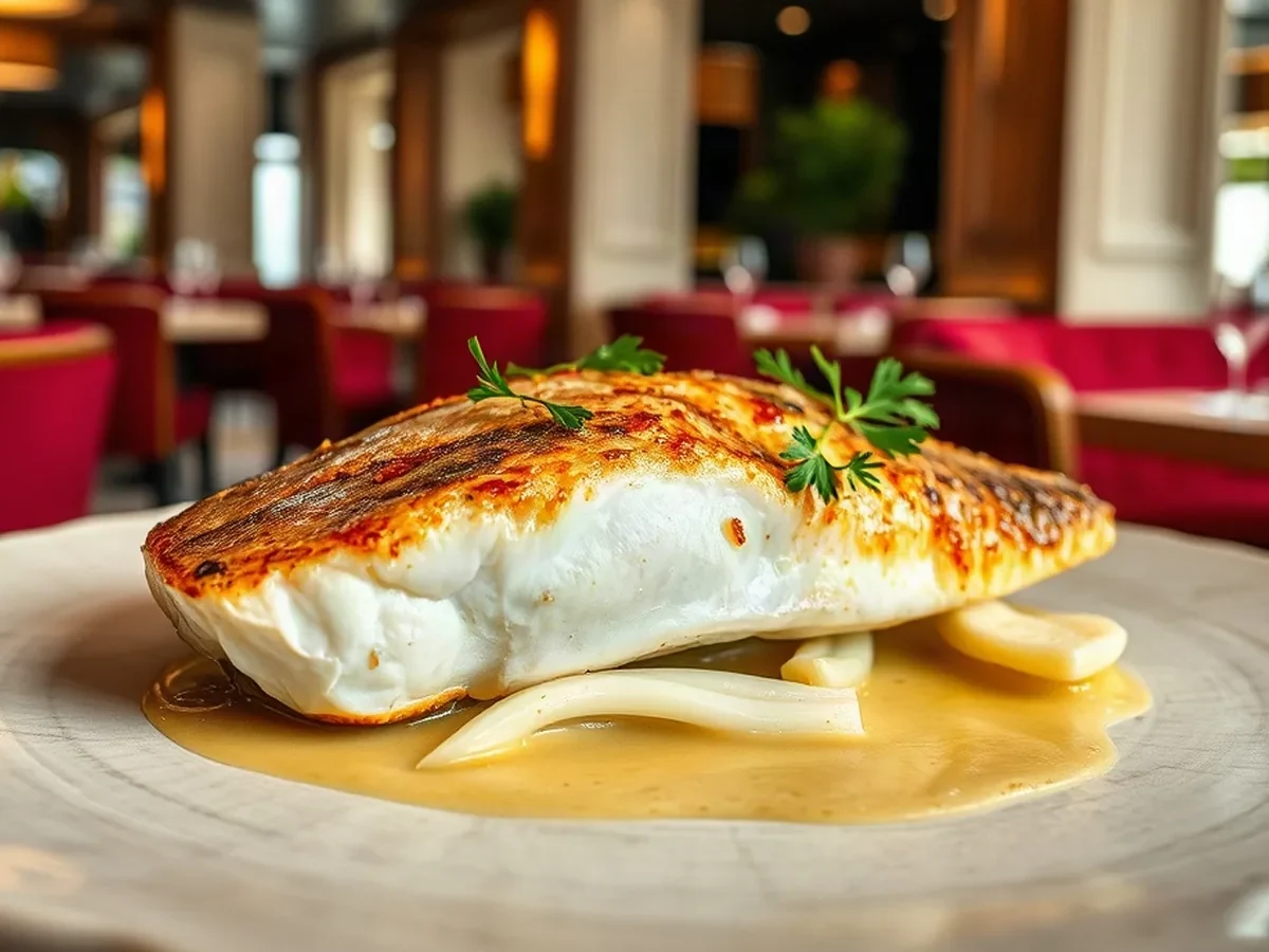 Golden-skinned sea bass with soft fennel and parsley on a softly veined stone plate.