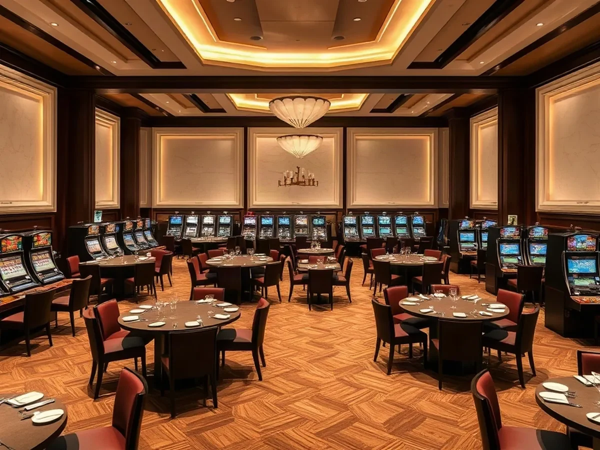 Gaming tables and slot machine cabinets sit beneath warm light among walnut and cream finishes.