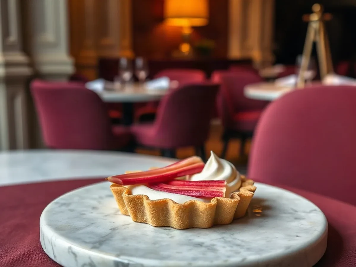 A rhubarb tart with smooth vanilla cream and a crisp, lightly sugared pastry edge.
