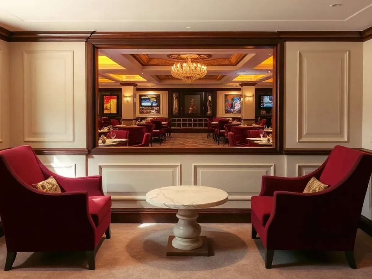 Burgundy chairs and a pale stone table rest in a quiet corner under gentle warm light.